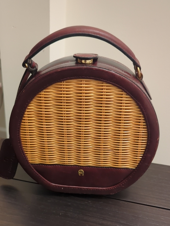 Etienne Aigner Handbags - Etienne Aigner Burgundy Leather and Natural Wicker Round Top-Handle Bag